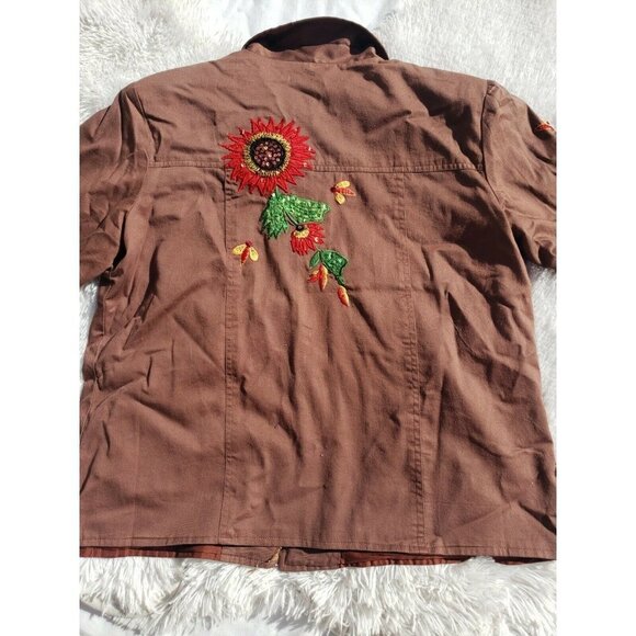 Vintage Jacket Embroidered Embellished Applique Sunflowers Floral Medium Brown - Picture 3 of 6